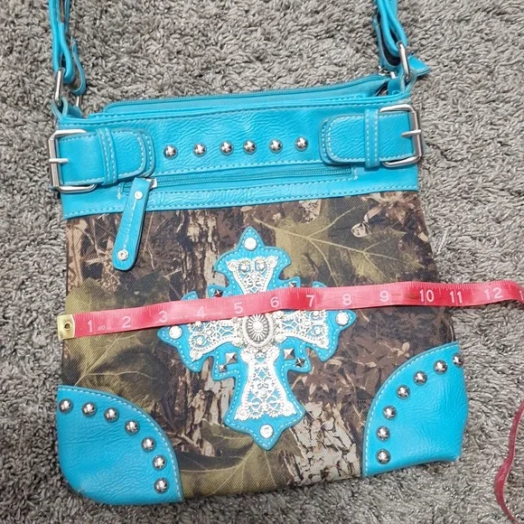 Faux leather and camouflage canvas studded rhinestone crossbody bag - teal/green - Picture 8 of 12